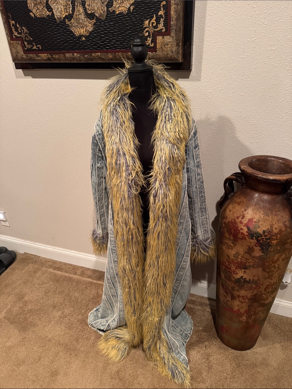 Long Washed Denim Coat with Yellow Faux Fur Trim